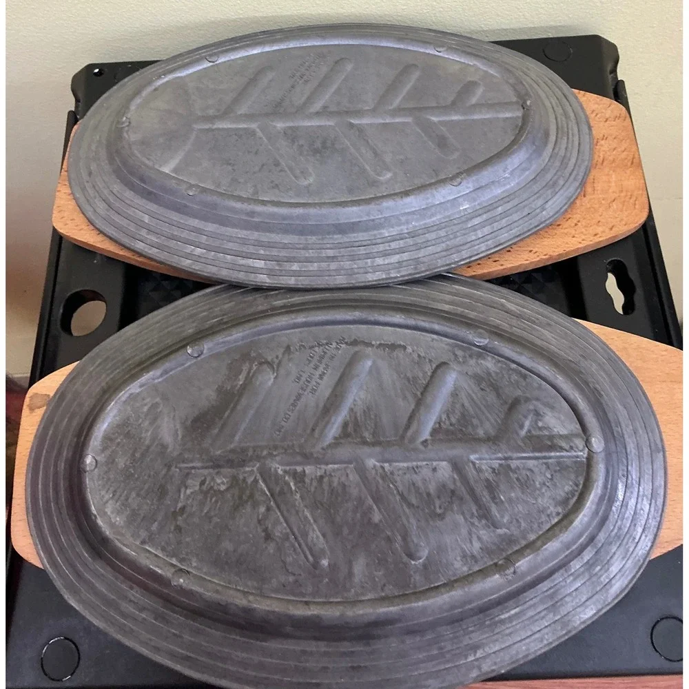 Aluminum Housewares Co Vintage Steak Sizzler Platters Set of 2 Japan Wood Bases